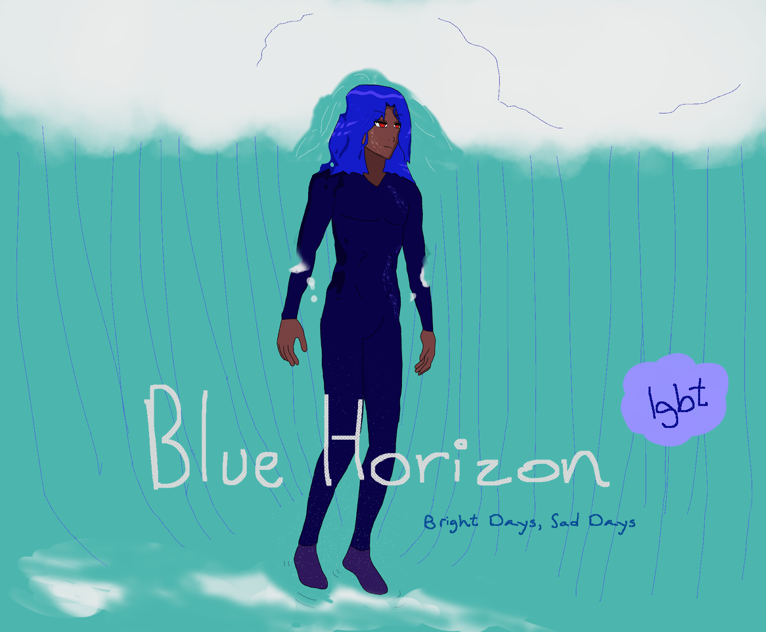 A panel with a rising aquamarine sea behind Antonio Chandrani who has hair like blue waves falling around him, brown skin, wearing blue diver-like suit. He's shown moving the waves around him. Implied he's floating with mist and there's foam near his legs.